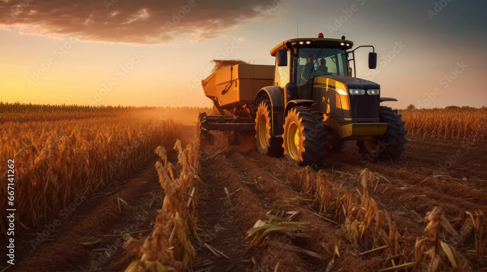 Fototapeta premium a big tractor in corn field.
