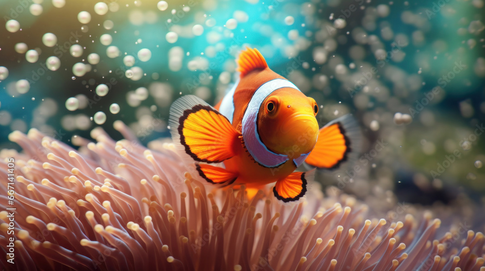 a clown fish swimming in a sea anemone. a clown fish swimming in a sea anemone.