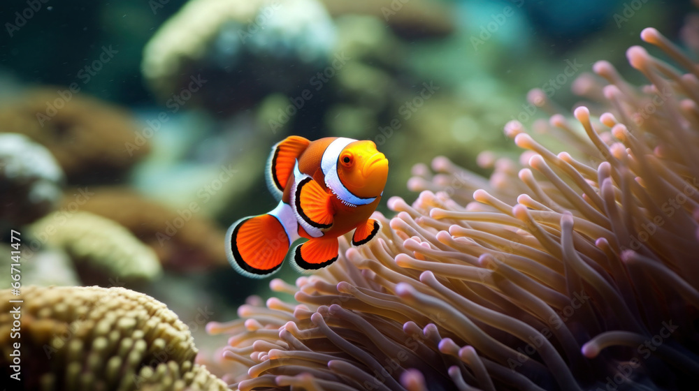 a clown fish swimming in a sea anemone. a clown fish swimming in a sea anemone.