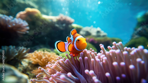 a clown fish swimming in a sea anemone. © tong2530