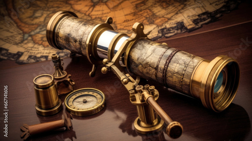 Antique brass telescope and compass old times world map.