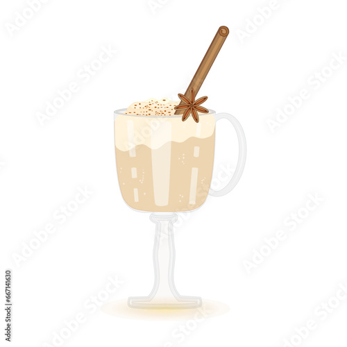 Glass of eggnog on white background. Beverage eggnog in cup with cinnamon straw and anise star.Christmas or sweet winter drink in mug.Xmas egg milk punch.New year homemade cocktail.Vector illustration
