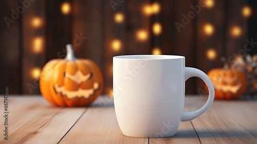 Plain white coffee mug mockup, no text, no logo, halloween background with soft lighting