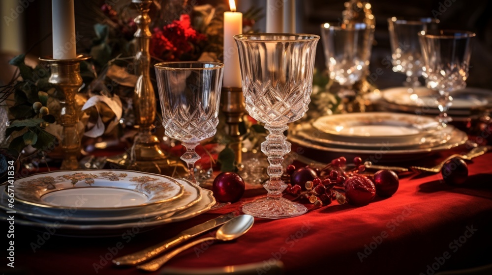 A table set for a New Year's dinner with elegant silverware and crystal glasses.