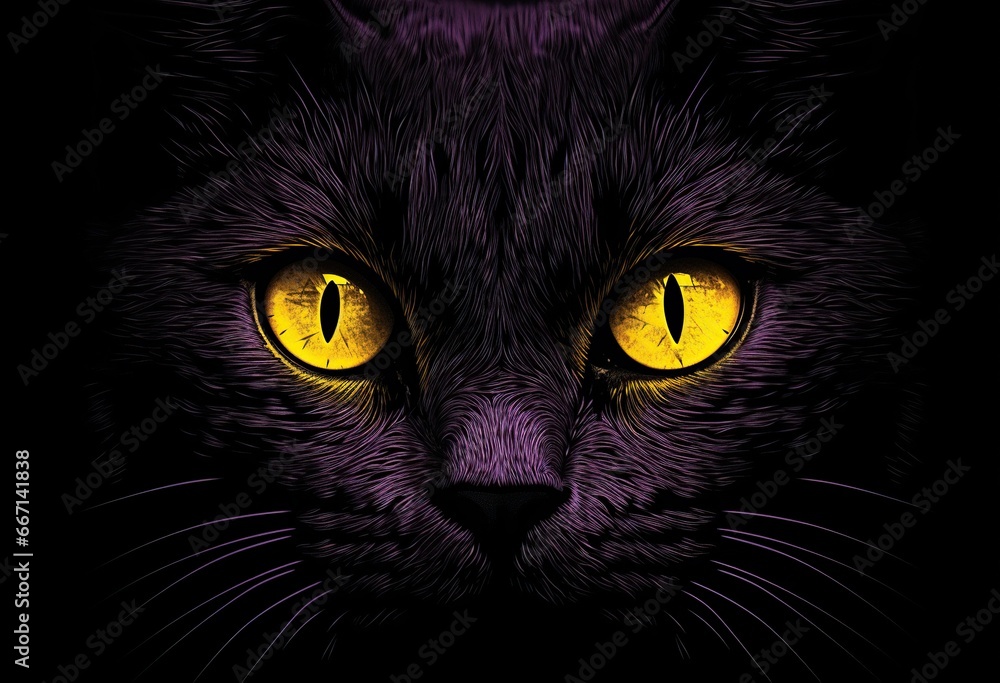 The glowing yellow eyes of a cat against a black background