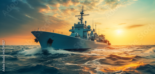 Leinwand Poster Military navy ships in a sea bay at sunset