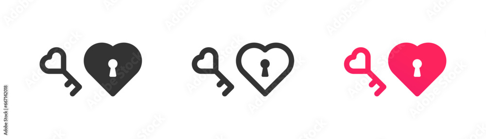Heart shaped padlock with key icon, love, romance, dating simple outline flat style vector illustration. Heart shaped padlock with key icon, love, romance, dating simple outline flat style vector illustration.