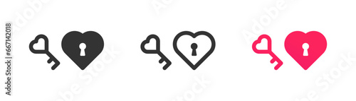 Heart shaped padlock with key icon, love, romance, dating simple outline flat style vector illustration.