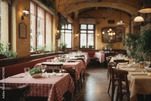 Cozy Italian trattoria interior with rustic charm  checkered tablecloths  and delicious pasta dishes.