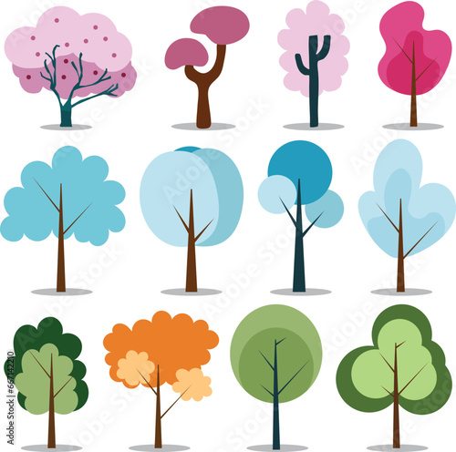 Vector set of colored trees and plant collection in hand drawn style. Cute Tree Elements
