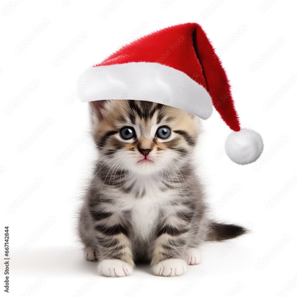 Kitten in Santa Claus xmas red hat on white background. Kitten in Santa Claus xmas red hat on white background.