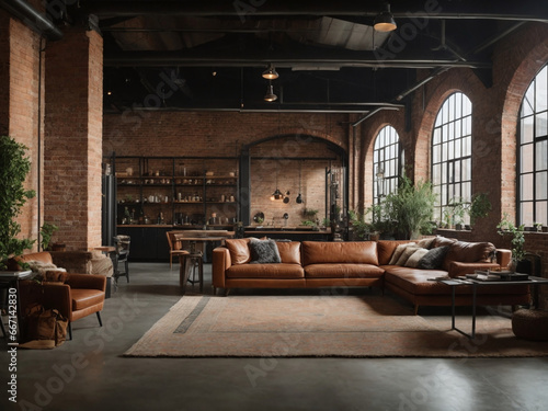 Fototapeta Industrial-chic loft within a converted warehouse, featuring exposed brick walls and modern amenities.