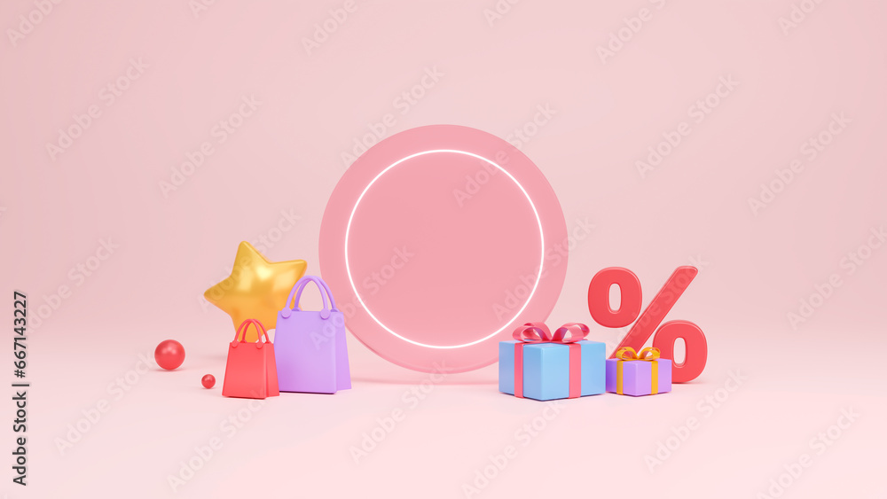 Colorful gift package with ribbon, concept for birthdays, holiday events or other celebrations. Gift boxes with Christmas and New year sale minimal background. Copy space. 3d rendering illustration