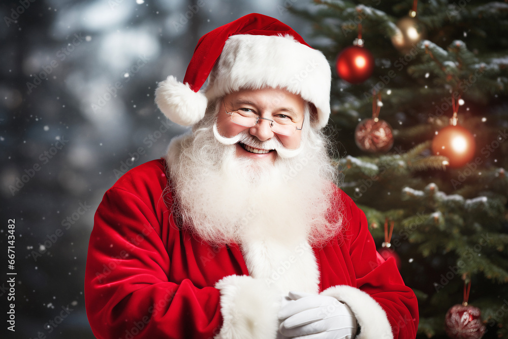Santa Claus Portrait on christmass tree Background. Positive smiling Santa in winter forest. Santa Claus Portrait on christmass tree Background. Positive smiling Santa in winter forest.