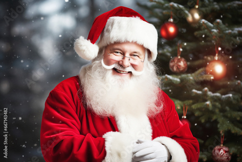 Santa Claus Portrait on christmass tree Background. Positive smiling Santa in winter forest. © lelechka