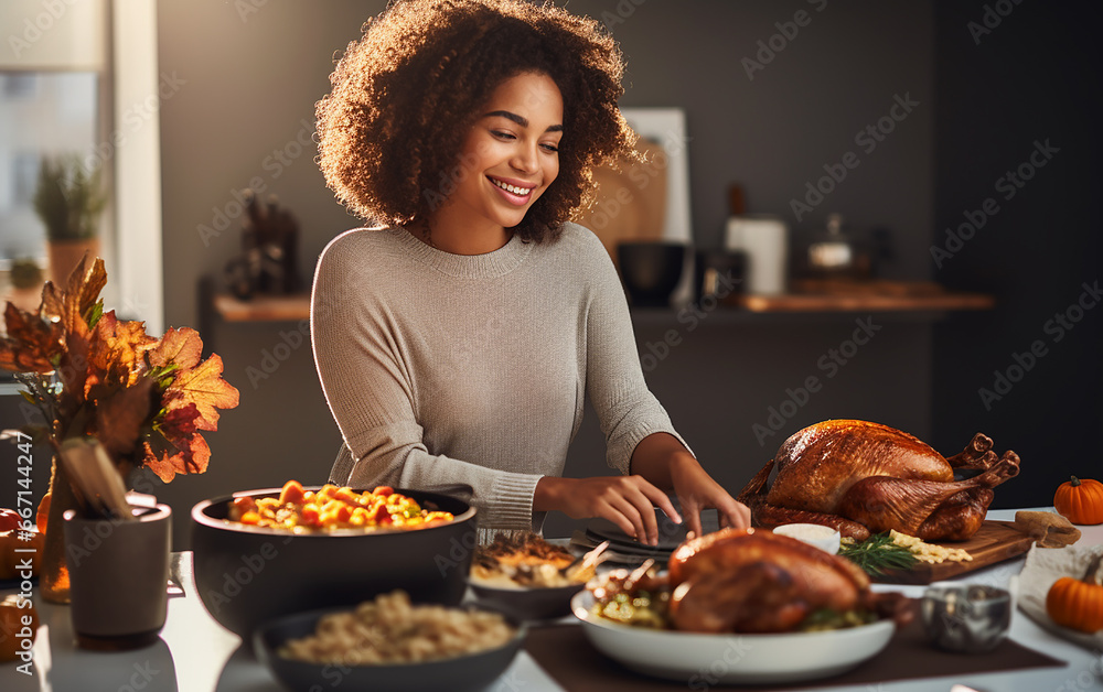 happy smiling girl preparing thanksgiving or christmas festive dinner for the family