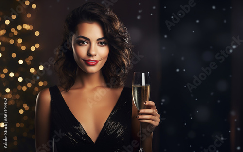 Portrait of a gorgeous young brunette party girl with a glass of champagne. New year banner with place for text