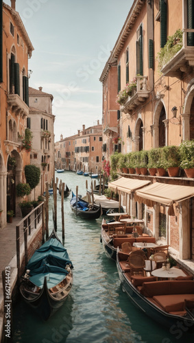 Romantic Venetian canal-side cafe with gondolas, outdoor seating, and views of the waterways. © xKas