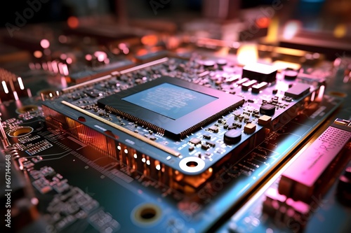 Close up of electronic circuit board with microchips, 3d render