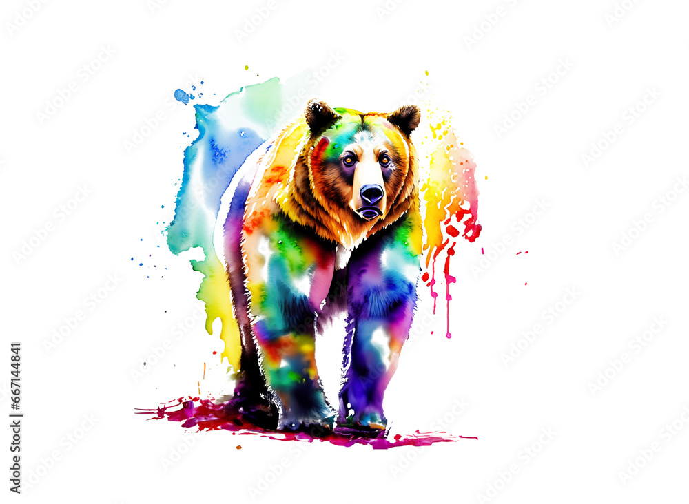 Tiere und natürliche Arten Vielfalt in ihrer Schönheit: Grizzly in regenbogen bunten Wasserfarben mit Spritzern und Kleksen vor einem weißen Hintergrund als Vorlage und kunstvolle Gestaltung Elemente - obrazy, fototapety, plakaty 
