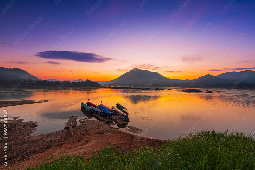 Mekong river and mountain scenery in the morning,Kaeng Khut couple scenery, Chiang Khan, Thailand,View of Kaeng Khut Khu Chiang Khan District, Loei Province, Thailand