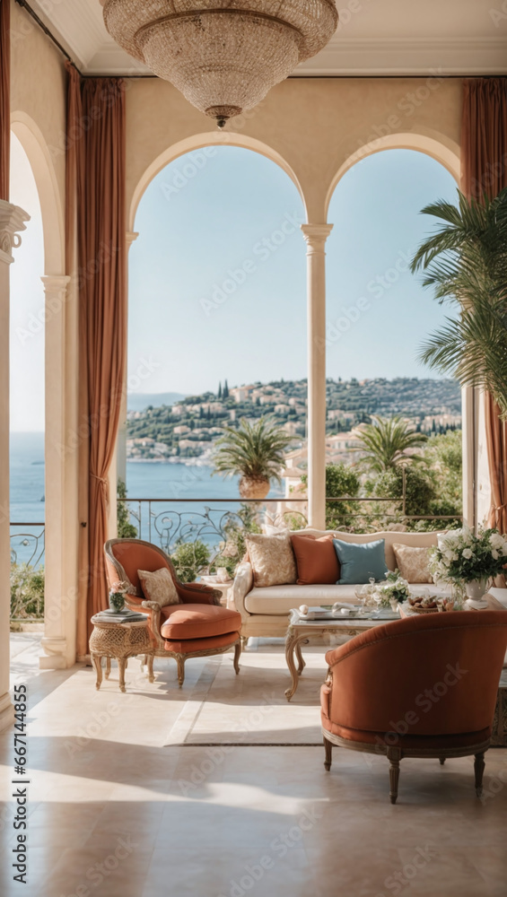 Stunning villa on the French Riviera with panoramic sea views, Mediterranean colors, and elegant furnishings.