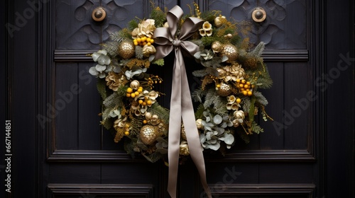 An elegant New Year's wreath with golden accents, hanging on a rustic wooden door, welcoming guests to the festivities.