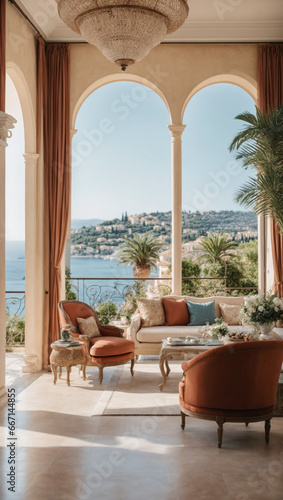 Stunning villa on the French Riviera with panoramic sea views  Mediterranean colors  and elegant furnishings.