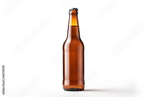 Clean glass beer bottle with beer. Isolated on white background. Glass bottle with lemonade or any other yellow-brown drink. Template, mockup for design. With copy space