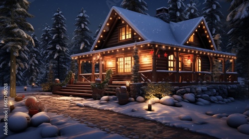 An inviting winter cabin with festive New Year s lights and decorations  radiating a sense of warmth and hospitality.