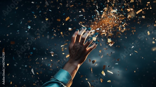Close-up of hands releasing a confetti cannon, launching celebrations into the New Year with a bang. photo
