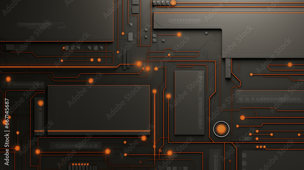 Graphic illustration of electronic circuit board design and schematic. Desktop wallpaper and presentation background style.