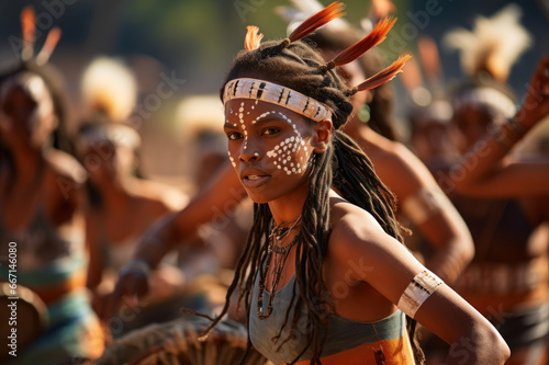 Young native American Indian woman in traditional costume, jewelry and headdress with feathers, dances indigenous tribal dance at cultural festival. Against the background of dancing people photo