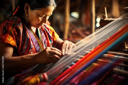 Heritage Craft. Indigenous elderly woman weaving intricate patterns on traditional looms. Colorful threads, patterns coming to life, focused artistry. Skilled craftsmanship, tradition. Weaver photo