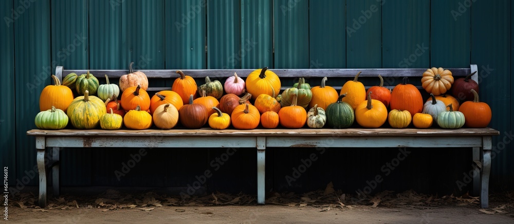 Painted pumpkins arranged near a bench