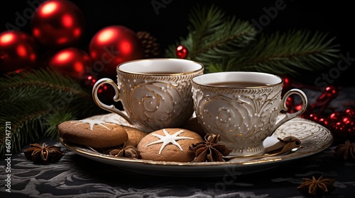 Wallpaper Mural New Year's beautiful service, cup and gingerbread. Generative AI Torontodigital.ca