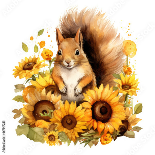 Sunflowers and a squirrel, watercolor illustration, isolated on transparent PNG 