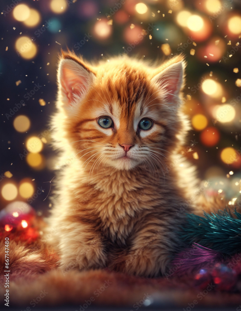 Cute kitten on a Christmas background, a layout for postcards, posters, greetings and gifts