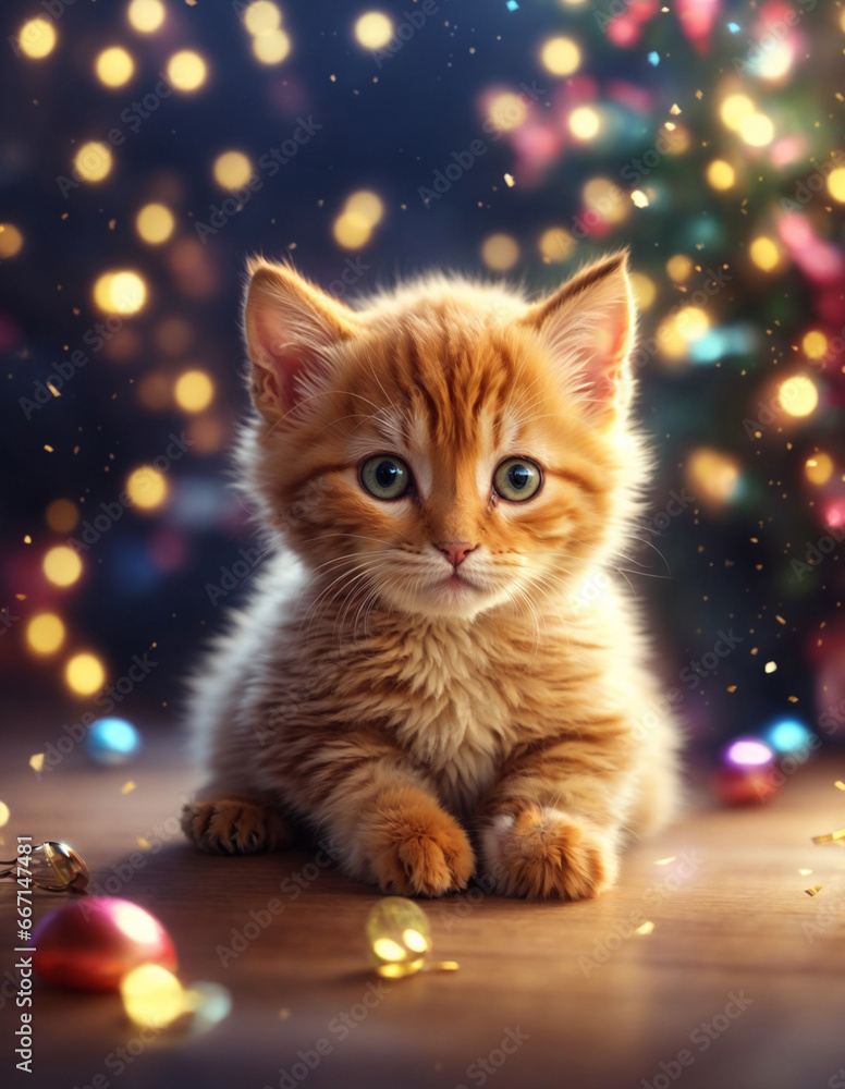 Cute kitten on a Christmas background, a layout for postcards, posters, greetings and gifts