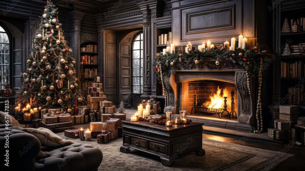 Festive Christmas Eve Living Room with Grand Fireplace and Decorated Tree