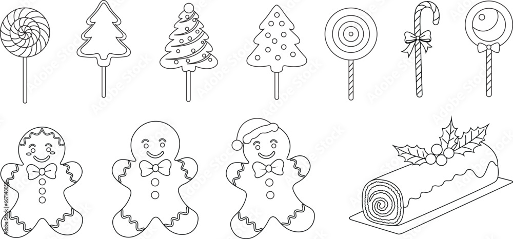 Coloring page set of hand drawn candy and gingerbread, cookies Christmas. Christmas colouring page Coloring page set of hand drawn candy and gingerbread, cookies Christmas. Christmas colouring page