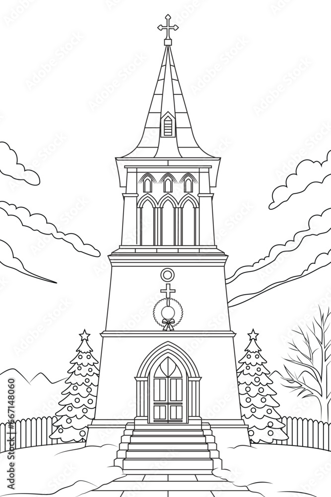 Coloring page a church bell tower with a festive wreath