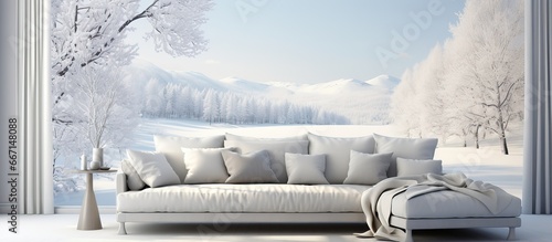 Scandinavian inspired interior design featuring a snowy landscape through a window in a white room with a sofa