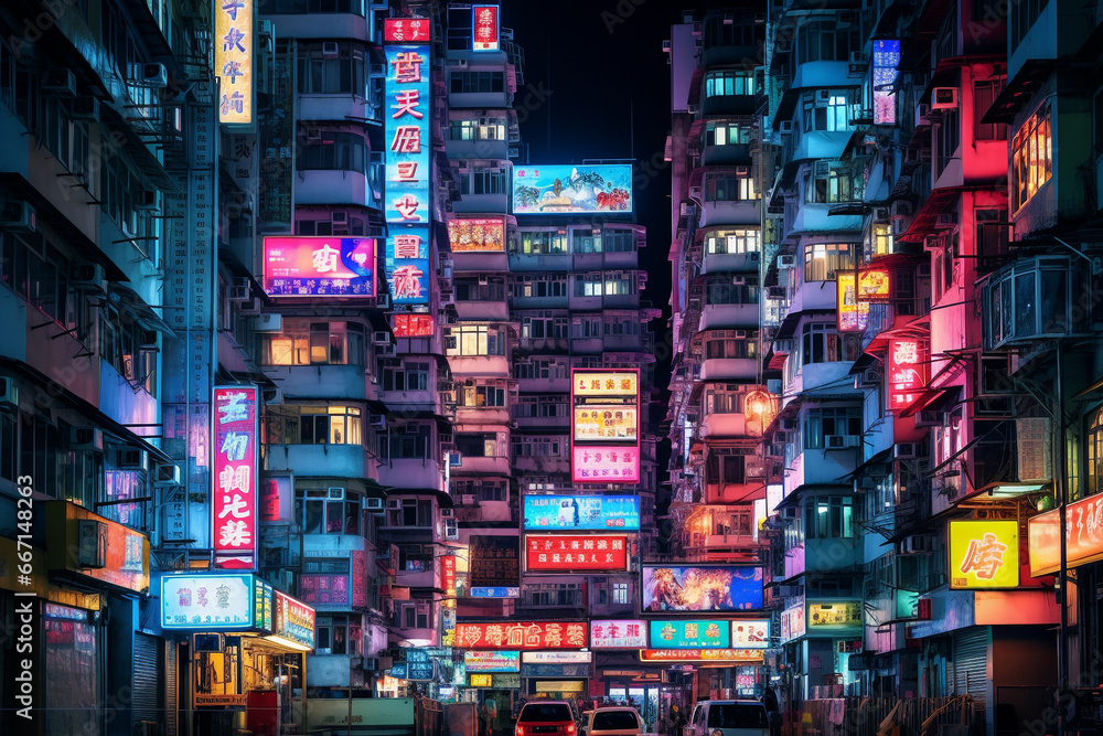 street view of overcrowded facade buildings with night lights street view of overcrowded facade buildings with night lights