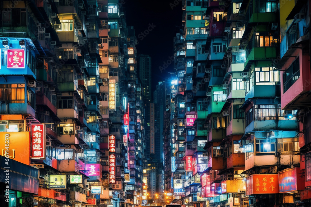 street view of overcrowded facade buildings with night lights street view of overcrowded facade buildings with night lights