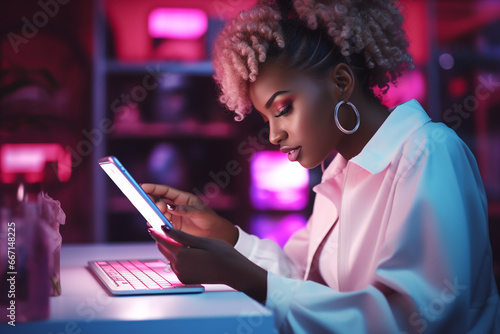 black girl portrait in her 20s female hands typing on smartphone device, working /chatting indoor environment, neon colors photo