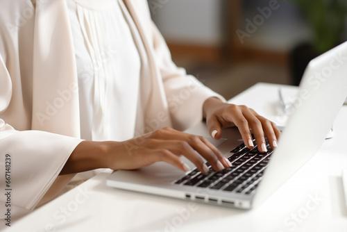 close up female hands typing on keyboard pc, working /chatting indoor environment