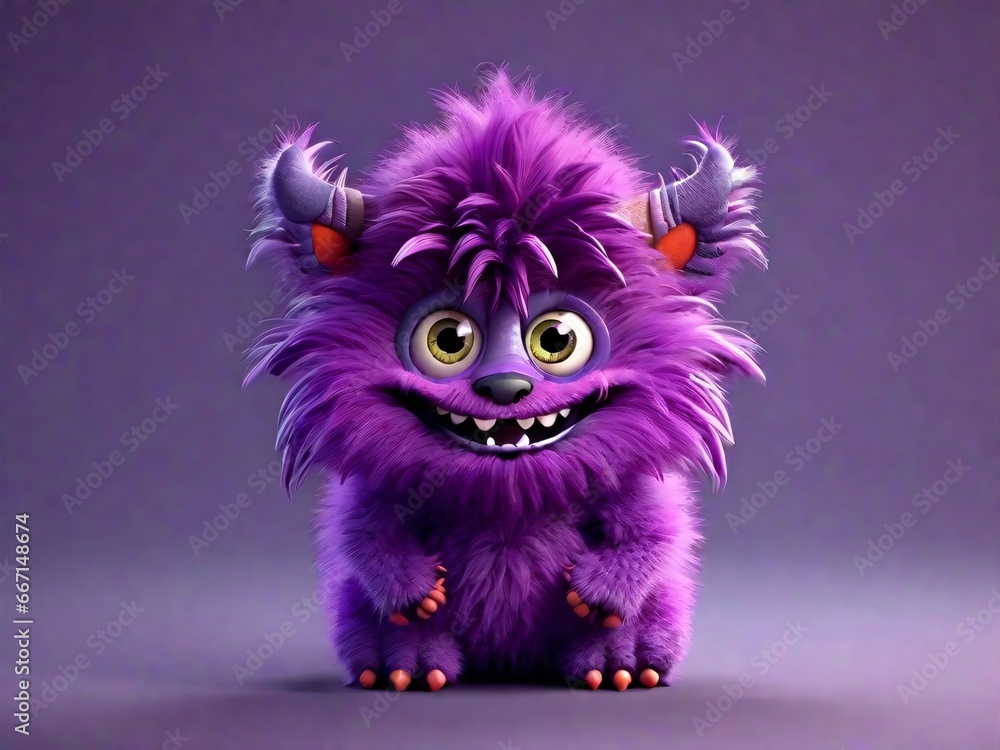 Cute purple furry monster 3D cartoon character on the purple background, generative Ai. Cute purple furry monster 3D cartoon character on the purple background, generative Ai.