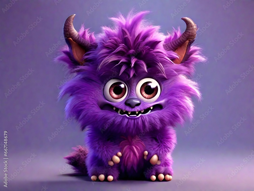 Cute purple furry monster 3D cartoon character on the purple background, generative Ai. Cute purple furry monster 3D cartoon character on the purple background, generative Ai.