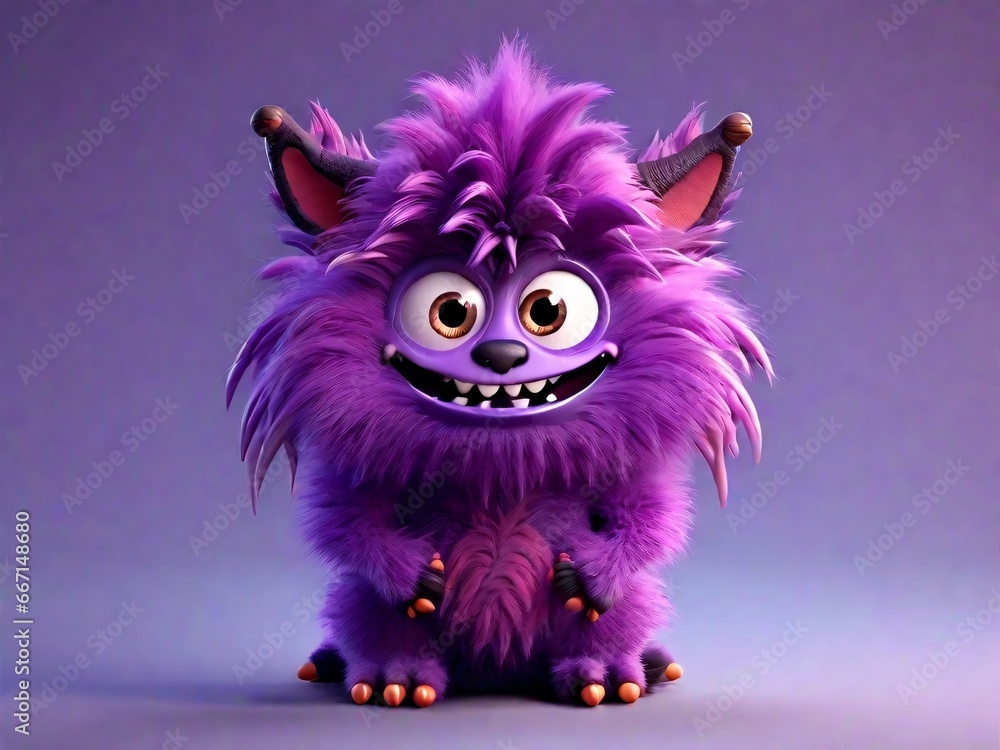 Cute purple furry monster 3D cartoon character on the purple background, generative Ai. Cute purple furry monster 3D cartoon character on the purple background, generative Ai.